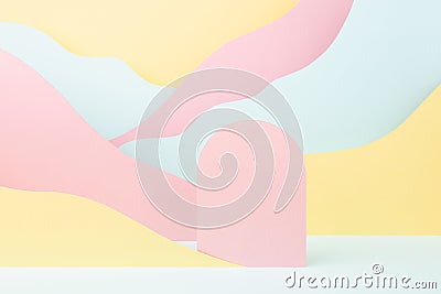 Modern vapor wave style stage mockup with pink round niche podium, pastel mountain landscape - pink, yellow, mint color. Template. Stock Photo