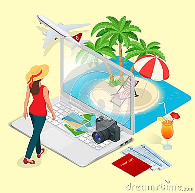 Modern vector concept of traveling, booking online, planning a summer vacation. Travel air tickets resort hotel booking Vector Illustration