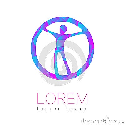 Modern vector Human silhouette in circle logotype isolated on white background. Blue pink colors. Man happy inside Vector Illustration