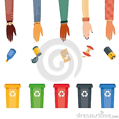 Modern vector illustration of colored rubbish containers for separate sorting of garbage. Bin for recycling different Vector Illustration