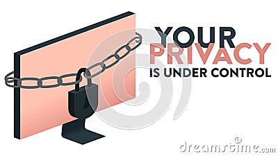 Modern vector illustration of a computer screen with a big chain with a closed lock. On the right side there is a text Vector Illustration