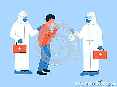Modern vector illustration in flat style. Coughing, sneezing man and doctors in hazmat suits helping him to recover Vector Illustration
