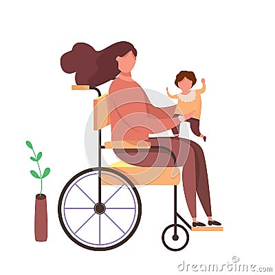 Modern vector illustration with happy handicapped mother with her child. Disabled woman in wheelchair holding a baby in Vector Illustration