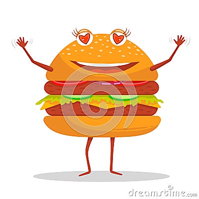 Funny, funny hamburger with a smile on his face. Vector Illustration