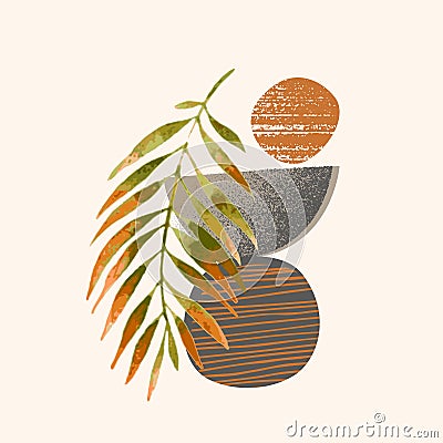 Modern vector illustration with tropical palm leaf, grainy grunge textures, doodles, minimal elements Vector Illustration