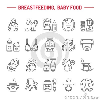 Modern vector line icon of breast feeding, baby infant food. Nursery elements - breast pump, woman, child, powdered milk, bottle Vector Illustration