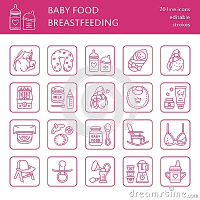 Modern vector line icon of breast feeding, baby infant food. Nursery elements - breast pump, woman, child, powdered milk, bottle Vector Illustration