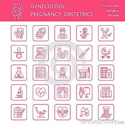 Modern vector line icon of pregnancy management and obstetrics. Gynecology elements - chair, tests, doctors, sonogram, baby Vector Illustration