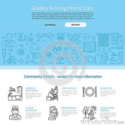 Modern vector line icon of senior and elderly care. Nursing home elements - disabled, medicines, hospital call button, leisure. Li Vector Illustration