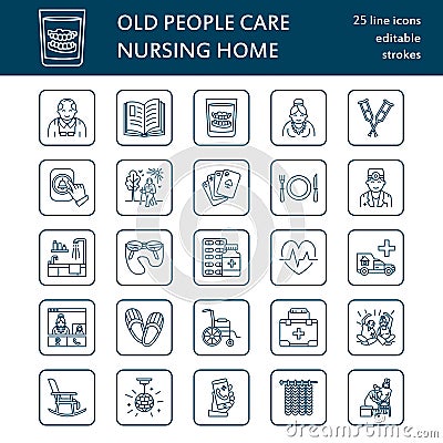 Modern vector line icon of senior and elderly care. Nursing home elements - old people, wheelchair, activities, dentures, medicine Vector Illustration