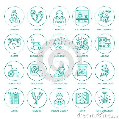 Modern vector line icon of senior and elderly care. Nursing home elements - old people, wheelchair, leisure, hospital Vector Illustration