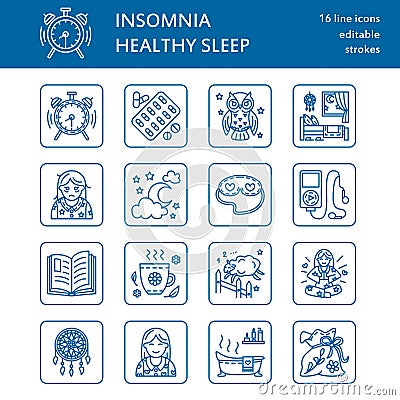 Modern vector line icon of sleepless and healthy sleep. Elements - clock, pillow, pills, dream catcher, counting sheep. Vector Illustration