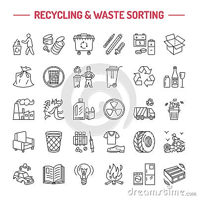 Modern vector line icon of waste sorting, recycling. Garbage collection. Recyclable waste - paper, glass, plastic, metal. Linear Vector Illustration