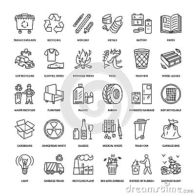 Modern vector line icon of waste sorting, recycling. Garbage collection. Recyclable waste - paper, glass, plastic, metal. Linear Vector Illustration