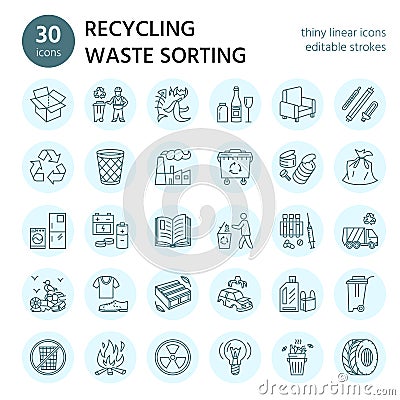 Modern vector line icon of waste sorting, recycling. Garbage collection. Recyclable waste - paper, glass, plastic, metal Vector Illustration