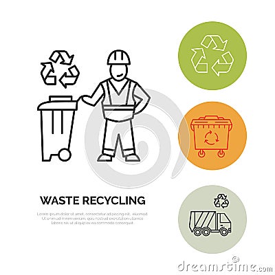 Modern vector line icon of waste sorting, recycling. Garbage collection. Waste sorter, recycler, janitor. Linear pictogram with ed Vector Illustration