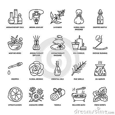 Modern vector line icons of aromatherapy and essential oils. Vector Illustration