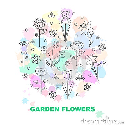 Modern vector line icons with different kind of garden flowers. Vector Illustration