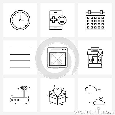 Modern Vector Line Illustration of 9 Simple Line Icons of cross, cancel, teeth, sign, equal Vector Illustration