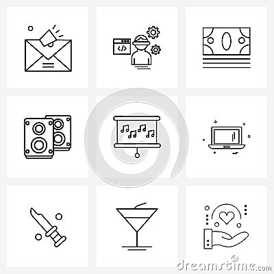 Pixel Perfect Set of 9 Vector Line Icons such as music, music, dollar, laud, speaker Vector Illustration