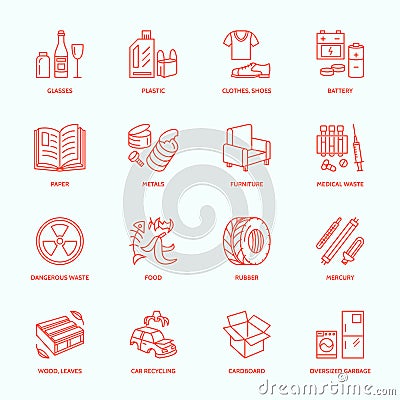 Modern vector thin line icons of waste sorting, recycling. Garbage collection. Recyclable trash - paper, glass, plastic, metal Vector Illustration