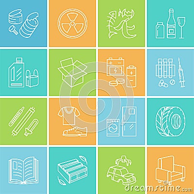 Modern vector thin line icons of waste sorting, recycling. Garbage collection. Recyclable trash - paper, glass, plastic Vector Illustration