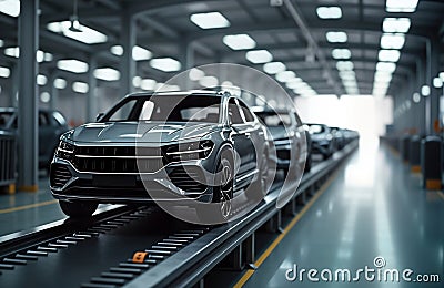 Modern vehicle shells move along automated assembly line in auto factory. New model cars on production line. Industrial plant Stock Photo