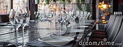 Modern veranda restaurant interior, banquet setting, glasses, plates Stock Photo