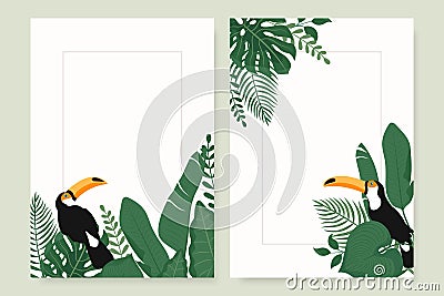 Modern vertical banners set with tropical leaves and Toucan bird. Vector Illustration