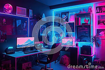 modern video game streamer room colorful blue pink neon colored room gadgets gaming pc gamers streamers play compete online their Stock Photo