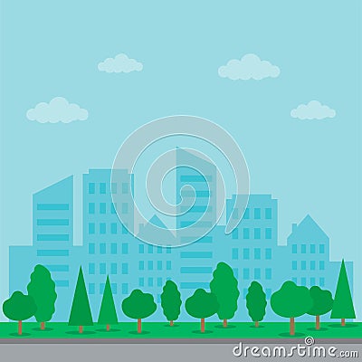 Modern View of Urban City Landscape With Green Trees. Set of buildings. Flat Style. Vector Illustration Vector Illustration