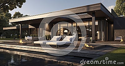 A Modern Villa with Open-Plan Elegance and a Private Terrace Retreat. Generative AI Stock Photo
