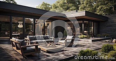 A Modern Villa with Open-Plan Elegance and a Private Terrace Retreat. Generative AI Stock Photo