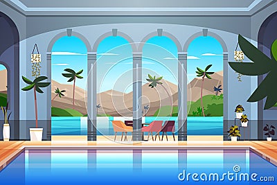 modern villa with pool near sea or ocean beach empty nobody holiday house or hotel interior summer vacation resort Vector Illustration