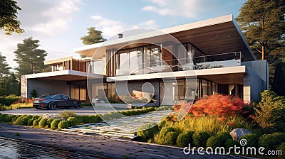 Modern villa with terraces and garden, luxury rich house in summer Stock Photo