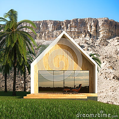 Modern villa for vacations. Palms and mountains around. 3d render Stock Photo