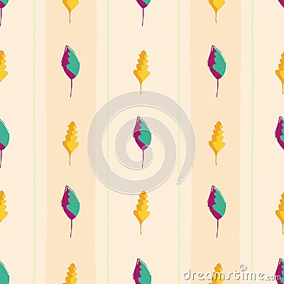 Modern vintage hand drawn mixture of gold and purple teal leaves. Seamless vector pattern on wide striped peach colored Vector Illustration