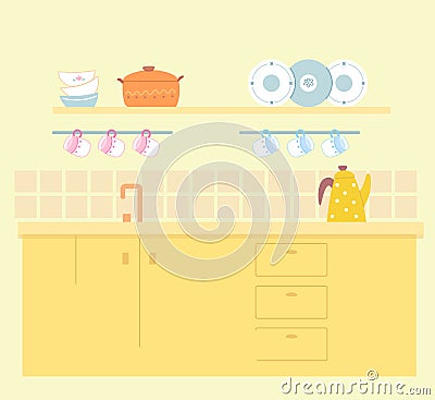 Modern vintage kitchen interior design background. Place at home for cleaning and washing. Yellow counter with drawers Vector Illustration