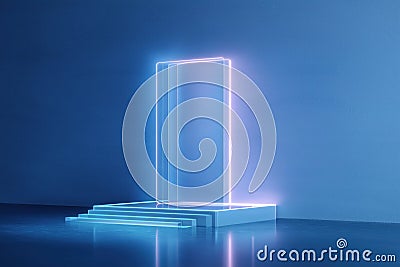 Modern virtual tech interface displays future building design. Neon glow tech showcase architectural model. Interactive 3D model Stock Photo