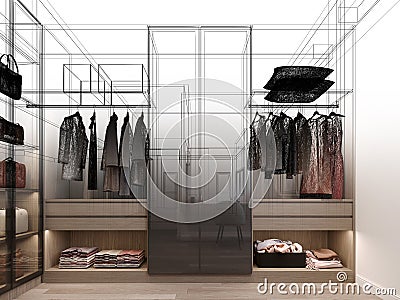 modern walk in closet wardrobe with clothes hanging interior design, 3d rendering Stock Photo
