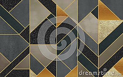 Modern wall decor wallpaper. 3d abstract, golden lines and marble and wooden and black shapes. Stock Photo