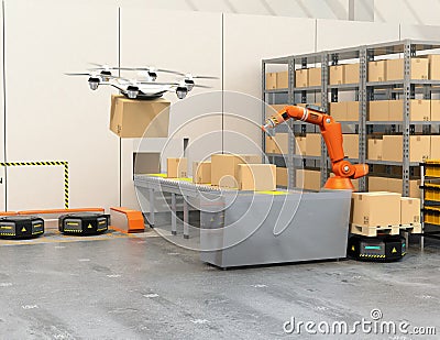 Modern warehouse equipped with robotic arm, drone and robot carriers Stock Photo