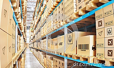 Modern warehouse full of cardboard boxes. Cartoon Illustration