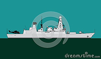 Modern warship. Type 45 daring class guided missile destroyer. Royal navy guided missile destroyer. Vector Illustration