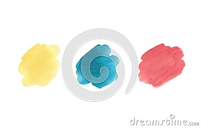 Modern watercolor banner set. Red, blue, yellow in a row. Triad primary colors, template for logo design. Cartoon Illustration