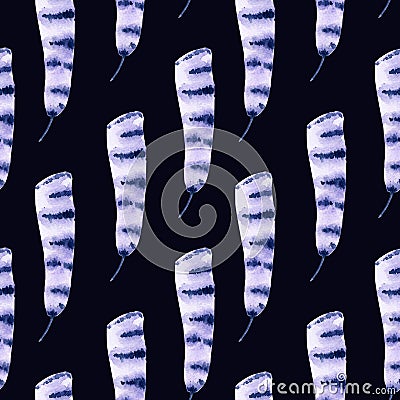 Modern watercolor seamless pattern with violet feathers on black Stock Photo