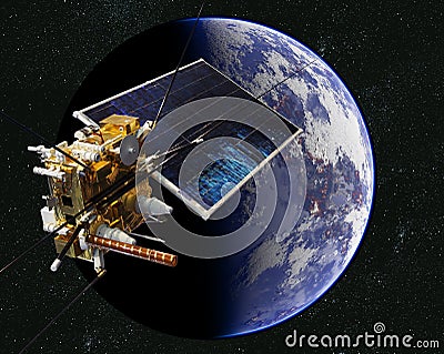 Modern weather scientific satellite at the Earth orbit Cartoon Illustration
