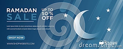 Modern Web Banner with Blue Background. Ramadan Sale. Vector Illustration