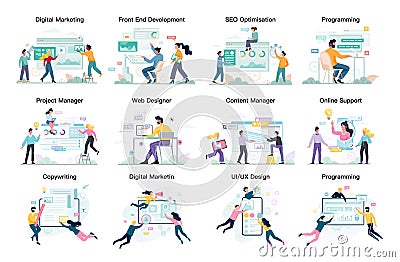 Modern web business service set. Web development Vector Illustration