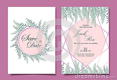 Modern Wedding Invitation Card Template 2 Different Cards. Watercolor leaves with Golden Geometric Shape. Save the Date and Stock Photo